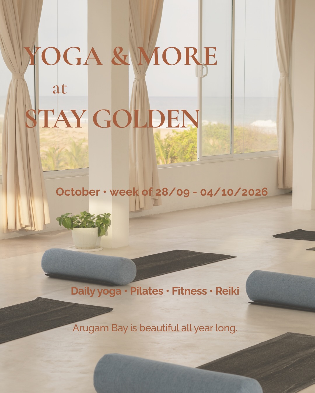 Arugam Bay is beautiful all year long.

As October arrives, things get a little quieter around Arugam Bay — and that means more space to slow down, reconnect with nature and spend a little more time on your mat.

Yoga continues at Stay Golden through the quieter months, with daily yoga classes.

Come for a class, stay for a few days, or build your own little retreat around your practice.

And if you’re looking for something more structured: OneYoga × Stay Golden runs a retreat from 4–10 October, and you can now join for 2–5 days instead of the full week, with off-site rates available.

Whether you’re starting your practice, deepening it, or simply looking for a few slower days by the ocean — there’s space for you.

This week’s schedule is in the carousel.
Walk in anytime · no booking needed.

#StayGoldenYoga #ArugamBay #YogaSriLanka #SriLankaYoga #yogaarugambay