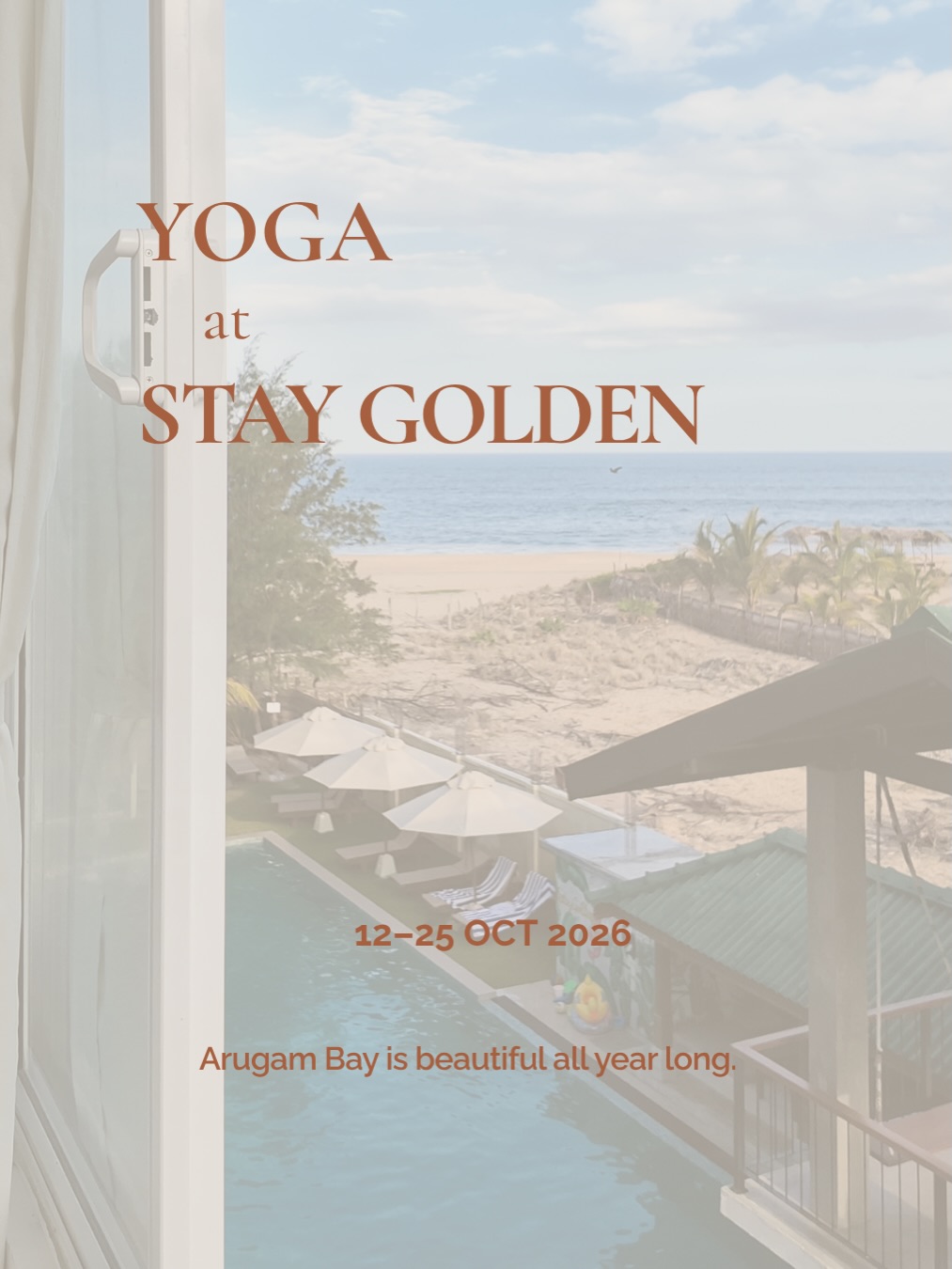Arugam Bay is beautiful all year long.

And as the season gets quieter, there’s a little more space to slow down, reconnect with yourself and find your rhythm on the mat.

Yoga continues at Stay Golden throughout the quieter months, with two classes daily in our ocean-view rooftop shala.

Whether you’re starting your practice, returning to it, or looking to build a little more consistency into your days, you’re welcome here.

This week’s schedule: 12–25 October

• Drop-in: 3,500 LKR
• 7-day practice pass: 16,000 LKR
• 10-class Flex Pass: 25,000 LKR
• Monthly pass: 39,000 LKR
• Slow Season Pass: 5 classes for 13,000 LKR, valid until 31 March 2027

Mats and props included. Pool access before and after class, plus a healthy shot.

No booking needed. Just check the schedule and walk in.

Stay Golden Yoga · Arugam Bay
@yoga_arugambay

#StayGoldenYoga #ArugamBay #ArugamBayYoga #YogaSriLanka #staygoldenarugam