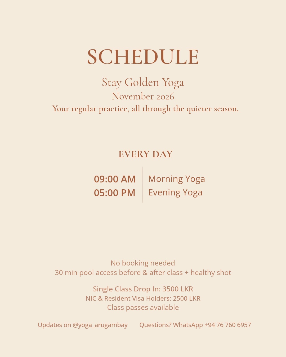 Arugam Bay is beautiful all year long. And yoga doesn’t stop when the season gets quieter.

Throughout the slower months, we’ll keep rolling out the mats at Stay Golden Yoga. Join us for a morning flow or an evening practice, start something new, or use the quieter days to find a little more rhythm in your routine.

Practice on our ocean-view top floor, cool off with a swim before or after class, and stay for a healthy shot.

November schedule from 26th of October onwards:
9 AM · Morning Yoga
5 PM · Evening Yoga
Every day

Drop-in: 3,500 LKR
NIC & resident visa holders: 2,500 LKR
Class passes available, including our flexible Slow Season Pass.

No booking needed. All levels welcome.

Come for a class, stay for a while, and make your time in Arugam Bay your own. And yes, we also have a restaurant and rooms to stay at. 

Find us at Stay Golden Yoga, Arugam Bay
@staygoldenarugam 

#StayGoldenYoga #ArugamBay #YogaSriLanka #SriLankaTravel #Staygoldenarugam