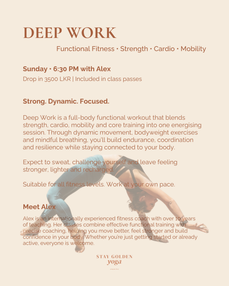 Deep Work functional fitness class in Arugam Bay combining strength, cardio, mobility and mindful movement with coach Alex.