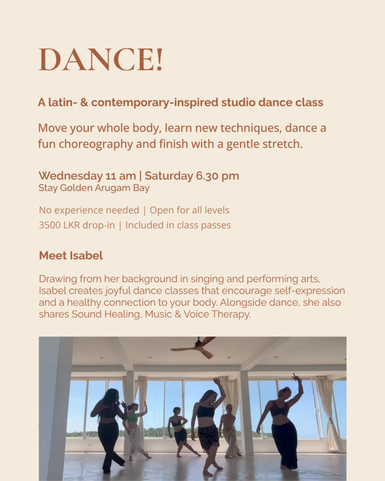 Latin- and contemporary-inspired dance class at Stay Golden Yoga in Arugam Bay, featuring full-body movement, choreography and gentle stretching with teacher Isabel.
