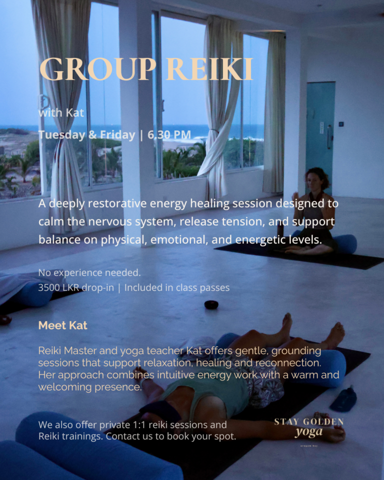 Group Reiki session at Stay Golden Yoga in Arugam Bay led by Reiki Master Kat, offering guided energy healing, deep relaxation and stress relief in an ocean-view yoga studio.
