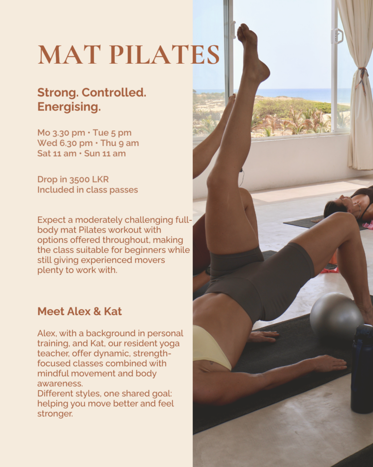 People practicing Mat Pilates in a bright ocean-view yoga studio at Stay Golden Yoga in Arugam Bay. The class focuses on strength, posture and core stability using Pilates balls and bands with options for all experience levels.