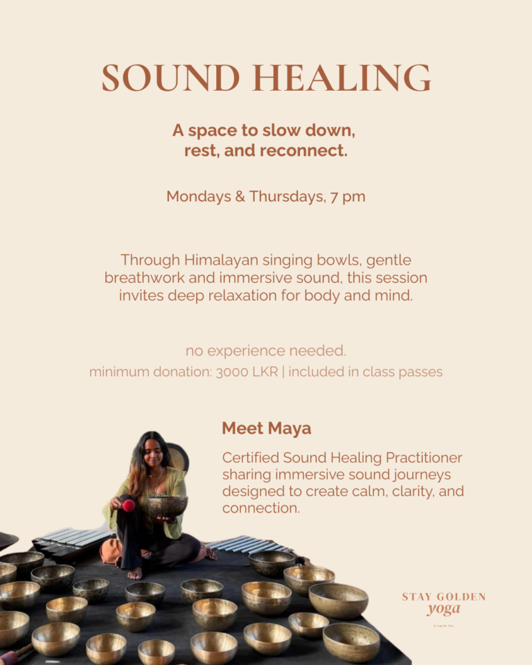 Sound Healing session with Himalayan singing bowls at Stay Golden Yoga in Arugam Bay, led by practitioner Maya.